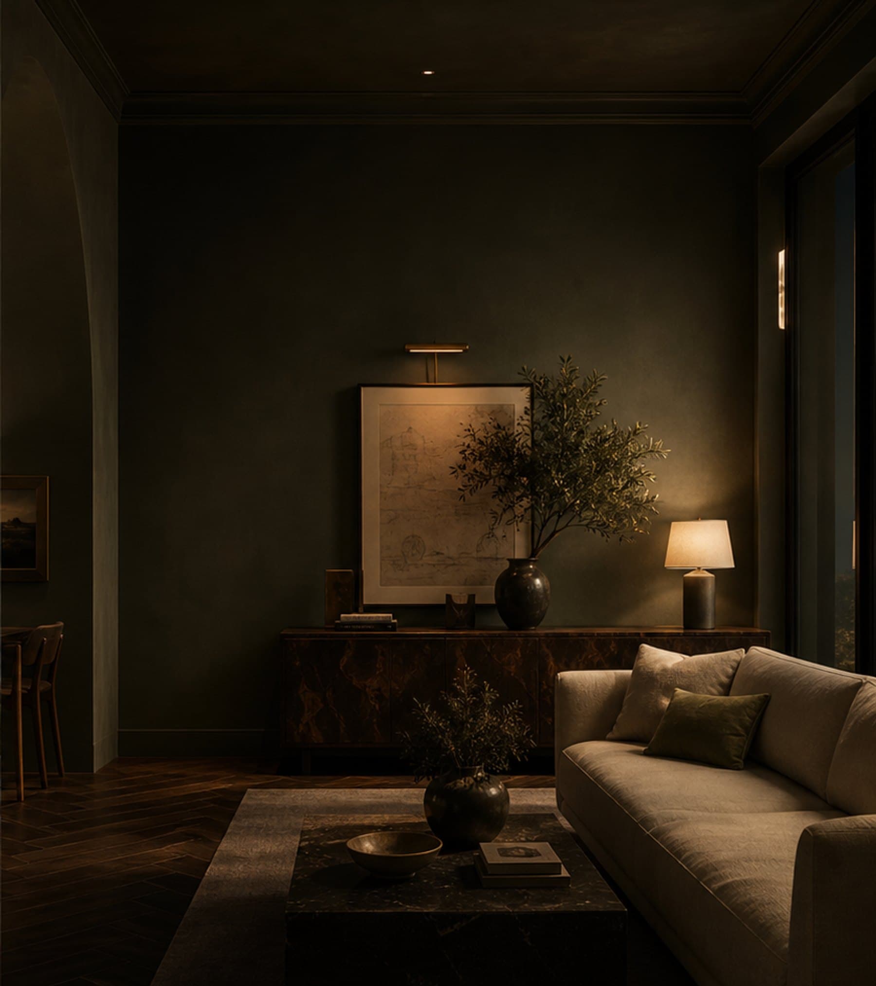 Evening private-gallery living room with olive-black walls and warm lamp light