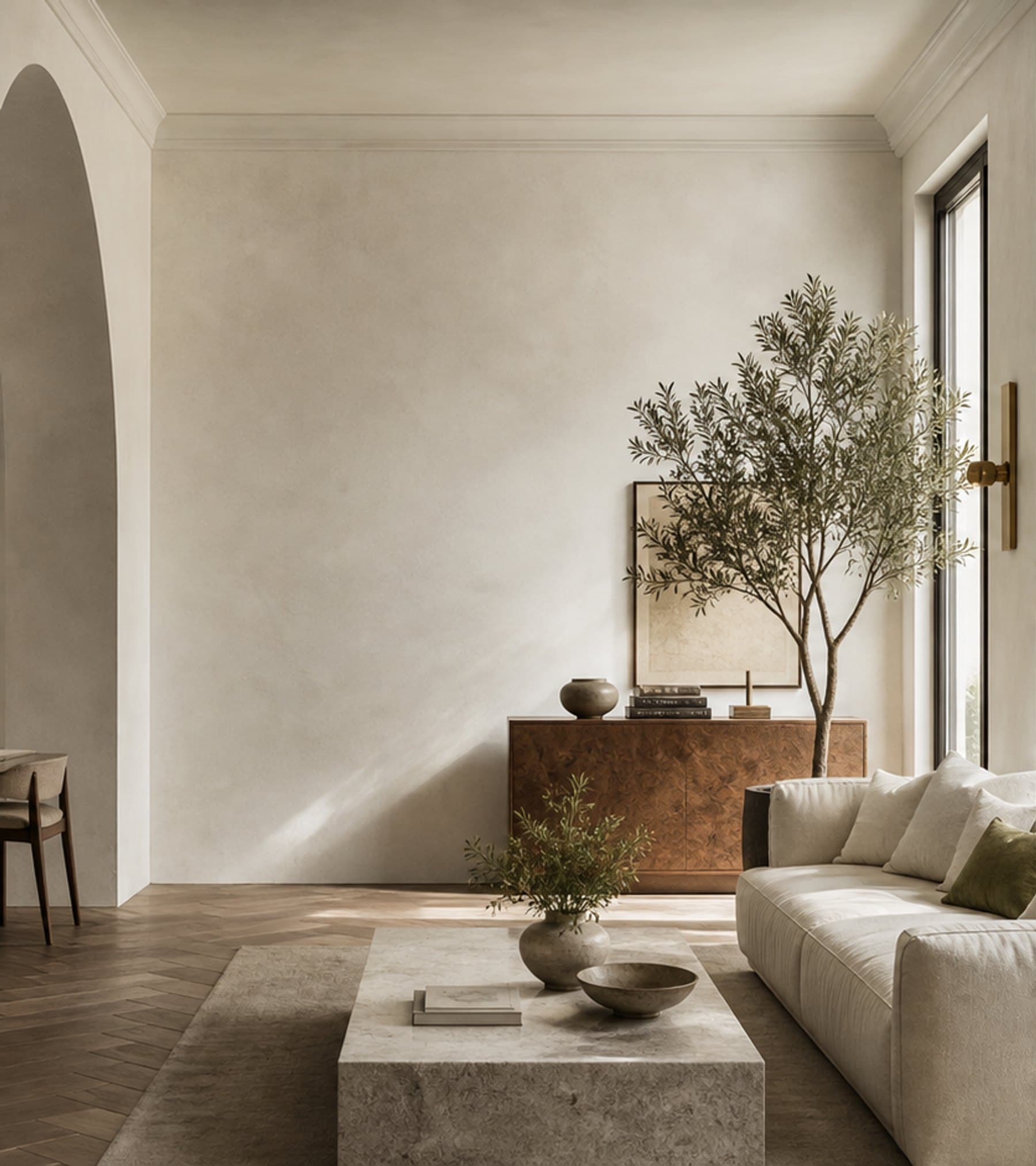 Morning private-gallery living room with limestone walls and warm walnut furniture